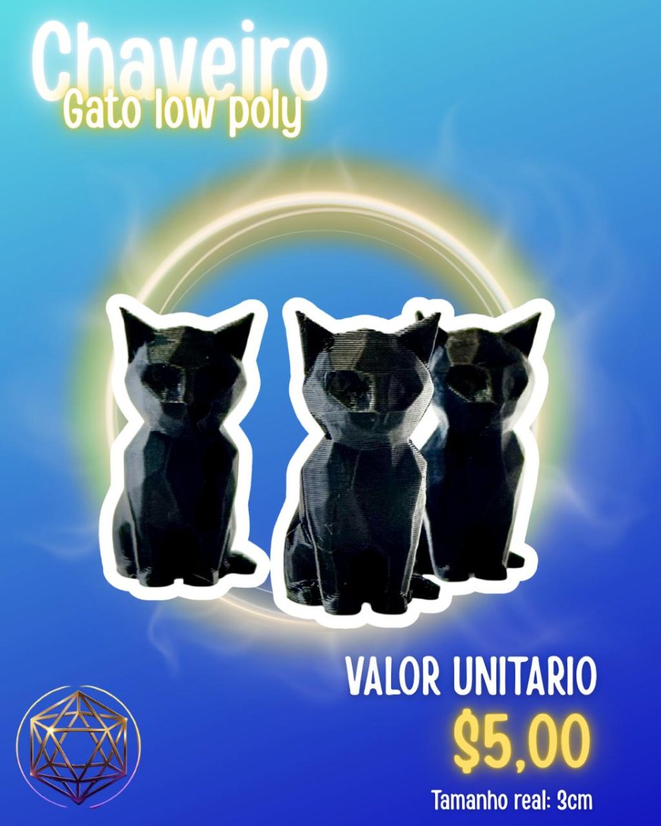 Chaveiro Gato Low Poly 3cm – Miniatura Decorativa Estilizada