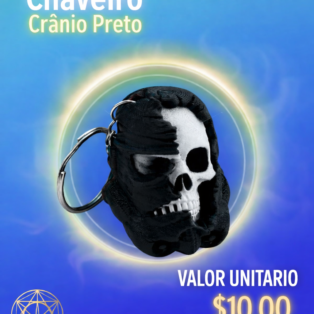 Chaveiro Crânio Preto 3D – Chaveiro Skull Estilizado Personalizado